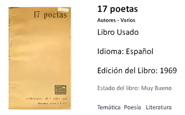 Libro usado en venta: 17 poetas; editorial Alto Sol impreso en 1969 realizamos envios a todo el mundo.1