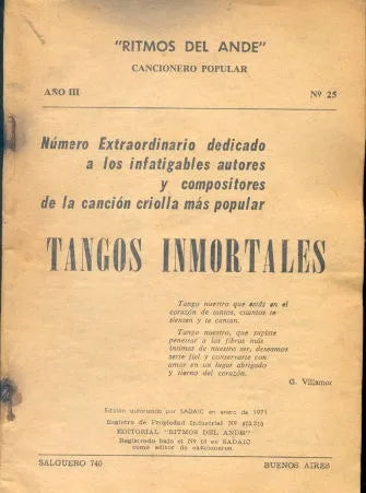 Libro usado en venta: Cancionero Popular: Tangos inmortales; editorial Ritmos del Ande impreso en 1971 realizamos envios a todo el mundo.1