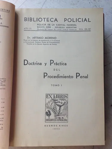 Libro usado en venta: Doctrina y practica del Procedimiento penal (2 Tomos) de Artemio Moreno; editorial Policial impreso en 1943.1