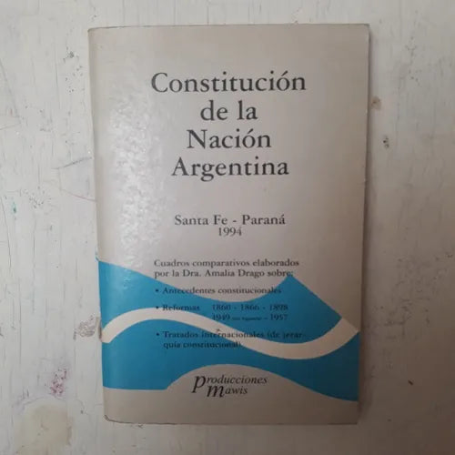 Libro usado en venta: Constitucion de la Nacion Argentina; editorial Mawis impreso en 1997 realizamos envios a todo el mundo.1