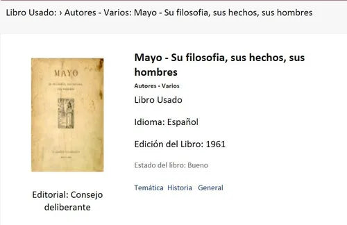 Libro usado en venta: Mayo - Su filosofia, sus hechos, sus hombres; editorial Consejo deliberante impreso en 1961 realizamos envios a todo el mundo.1