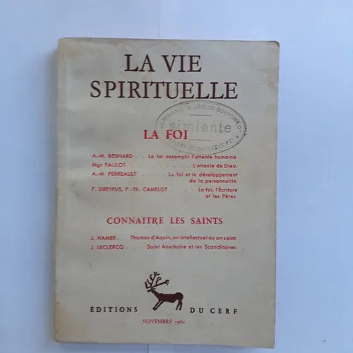 Libro usado en venta: La vie spirituelle - La foi; editorial Du cerf impreso en 1960 realizamos envios a todo el mundo.1