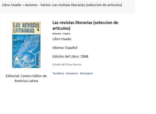 Libro usado en venta: Las revistas literarias (seleccion de articulos); editorial Centro Editor de America Latina impreso en 1968.1