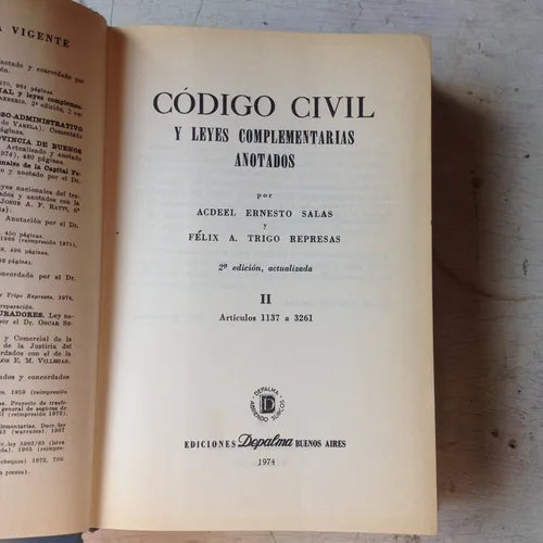 Libro usado en venta: Codigo civil y leyes complementarias anotados (Tomo 2) de Acdeel E. Salas - Felix Trigo Represas; Depalma impreso en 19741.1