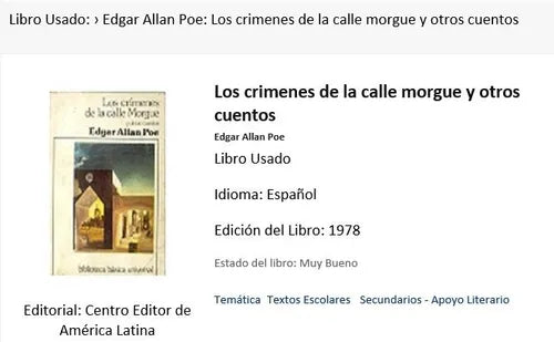 Libro usado en venta: Los crimenes de la calle morgue y otros cuentos de Edgar Allan Poe; editorial Centro Editor de America Latina impreso en 1978.1