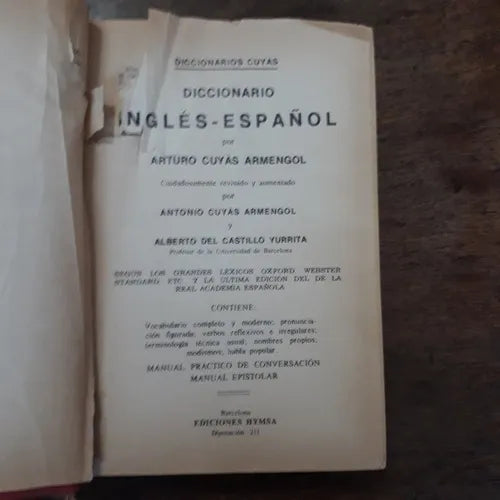 Libro usado en venta: Diccionario Ingles-Espa?ol de Arturo Cuyas Armengol; editorial Hymsa impreso en 1988 realizamos envios a todo el mundo.1