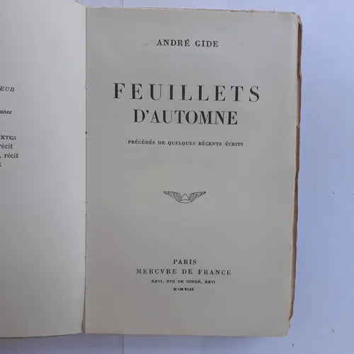 Libro usado en venta: Feuillets D'Automne de Andre Gide; editorial Mercvre de France impreso en 1949 realizamos envios a todo el mundo.1