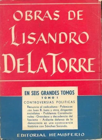 Libro usado en venta: Obras de Lisandro de la Torre - Controversias politicas - Tomo I de Raul Larra; editorial Hemisferio impreso en 1957.1