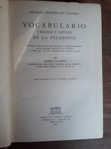 Libro usado en venta: Vocabulario tecnico y critico De La Filosofia - Tomo I A-L; editorial El Ateneo impreso en 1953 envios a todo el mundo.1