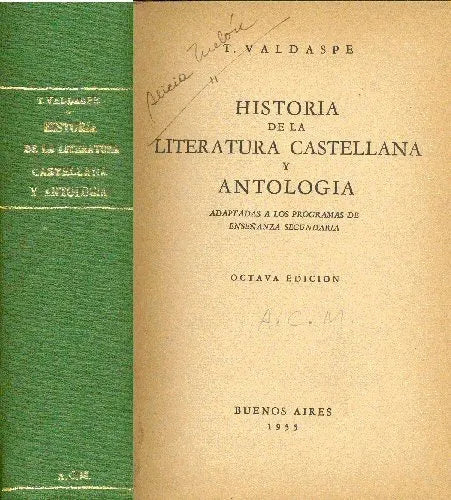 Libro usado en venta: Historia de la literatura castellana y antologia de Tristan Valdaspe; editorial Buenos Aires impreso en 1955.1