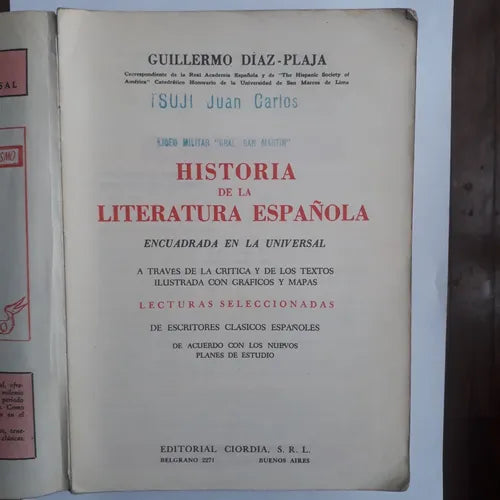 Libro usado en venta: Historia de la Literatura espa?ola, encuadrada en la Universal de Guillermo Diaz Plaja; editorial Ciordia impreso en 1969.1