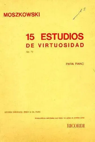 Libro usado en venta: 15 estudios de virtuosidad para piano de M. Moszkowski; editorial Ricordi impreso en 1980 realizamos envios a todo el mundo.1