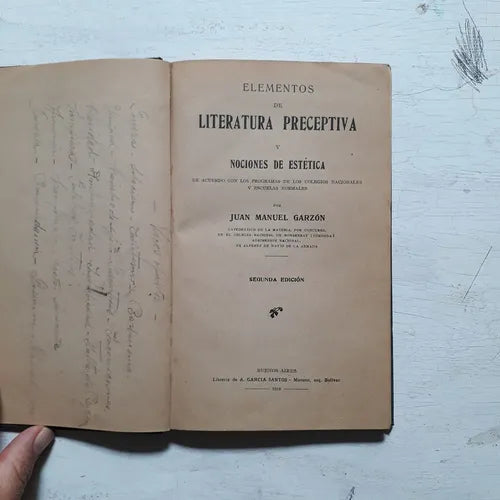 Libro usado en venta: Elementos de literatura preceptiva y nociones de estetica de Juan Manuel Garzon; Libreria de A. Garcia Santos impreso en 19181.1
