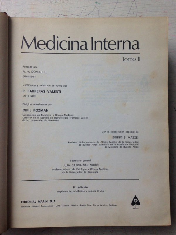 Libro usado en venta: Medicina interna (Solo tomo 2) de Farreras Rozman; editorial Marin impreso en 1974 realizamos envios a todo el mundo.1