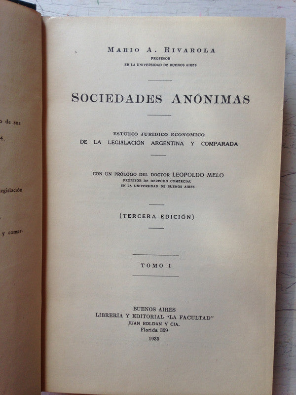 Libro usado en venta: Sociedades anonimas (2 Tomos) de Mario A. Rivarola; editorial La Facultad impreso en 1935 realizamos envios a todo el mundo.1