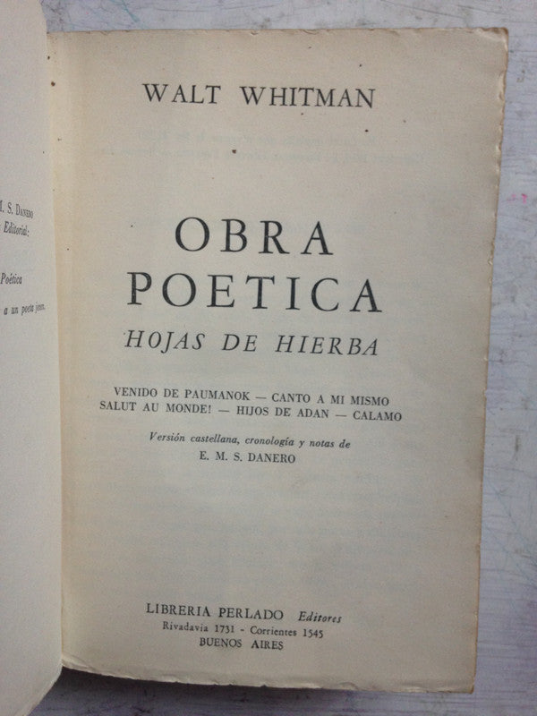 Libro usado en venta: Obra poetica - Hojas de hierba de Walt Whitman; editorial Perlado impreso en 1958 realizamos envios a todo el mundo.1