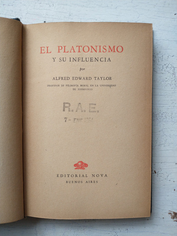 Libro usado en venta: El platonismo y su influencia de Alfred Edward Taylor; editorial Nova impreso en 1946 realizamos envios a todo el mundo.1