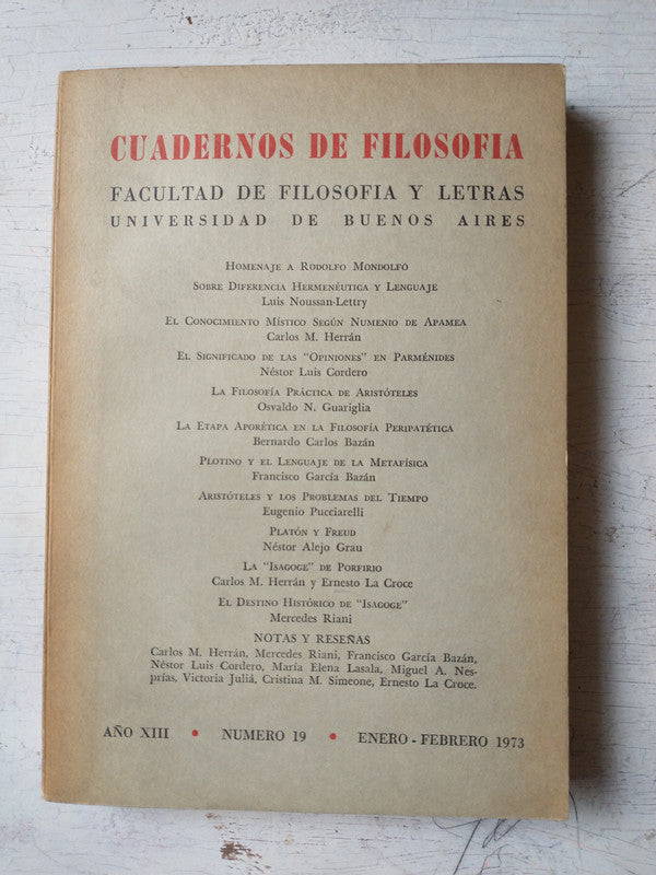 Libro usado en venta: Cuadernos de Filosofia - A?o XIII, N? 19; editorial Universidad de Buenos Aires impreso en 1973 envios a todo el mundo.1