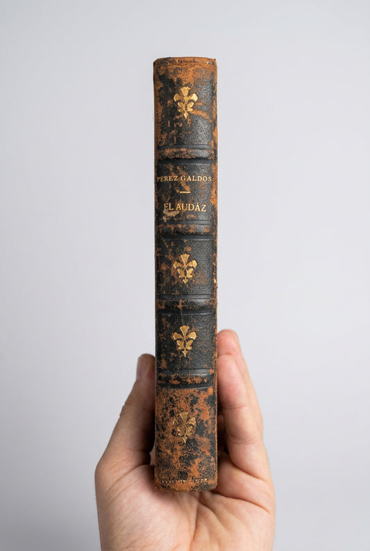 Lomo del libro: El audaz - Historia de un radical de anta?o de Benito Perez Galdos; editorial Imprenta de la Guirnalda impreso en 1891.