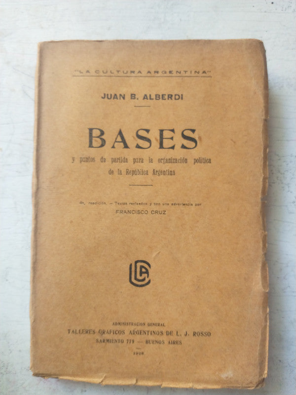 Libro usado en venta: Bases y puntos de partida para la organizacion politica de la Republica Argentina - Vol. 5; Talleres Graficos Argentinos 19281.1