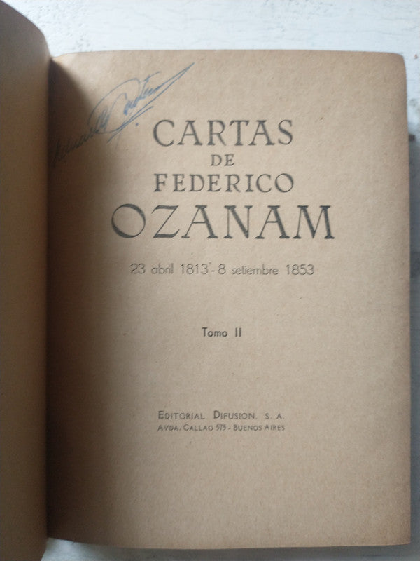 Libro usado en venta: Cartas de Federico Ozanam (2 Tomos); editorial Difusion impreso en 1945 realizamos envios a todo el mundo.3