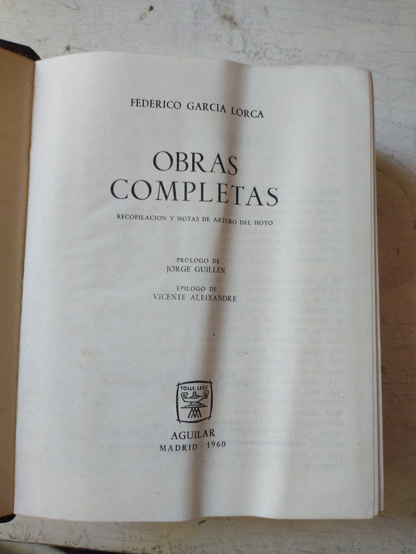 Libro usado en venta: Obras completas de Federico Garcia Lorca; editorial Aguilar impreso en 1960 realizamos envios a todo el mundo.1