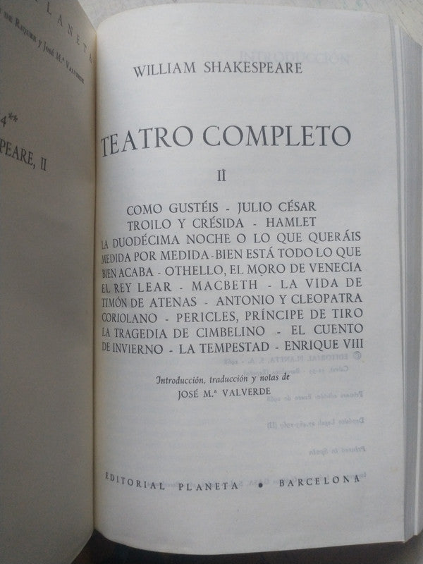 Libro usado en venta: Teatro completo 2 de William Shakespeare; editorial Planeta impreso en 1968 realizamos envios a todo el mundo.1