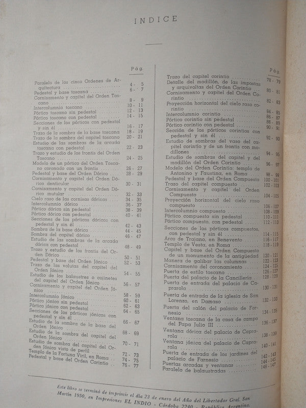 Libro usado en venta: Tratado de los cinco ordenes de arquitectura de Viñola; editorial Construcciones Sudamericanas impreso en 1950.5