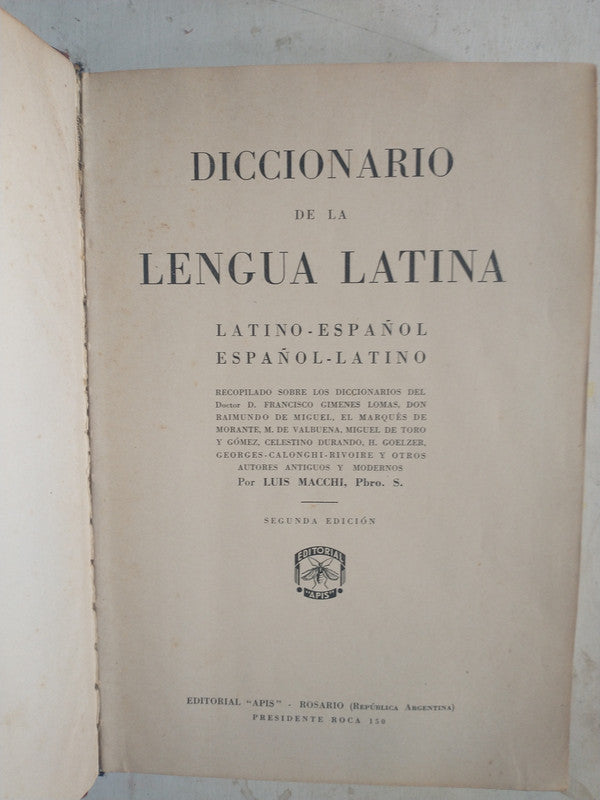 Libro usado en venta: Diccionario de la Lengua Latina de Luis Macchi; editorial Apis impreso en 1941 realizamos envios a todo el mundo.3
