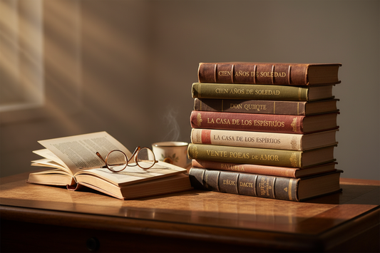 Colección de libros usados vintage apilados artísticamente - Librería Usados Argentina - Literatura clásica y descatalogada