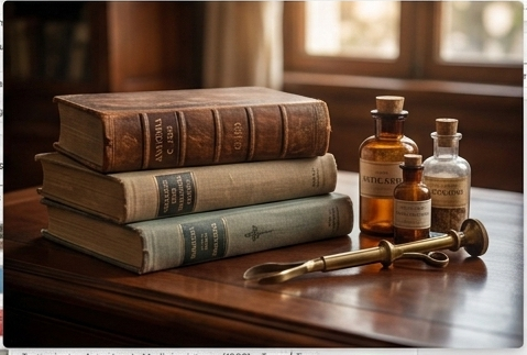 Libros antiguos de medicina y frascos de farmacia históricos sobre una mesa de madera de roble