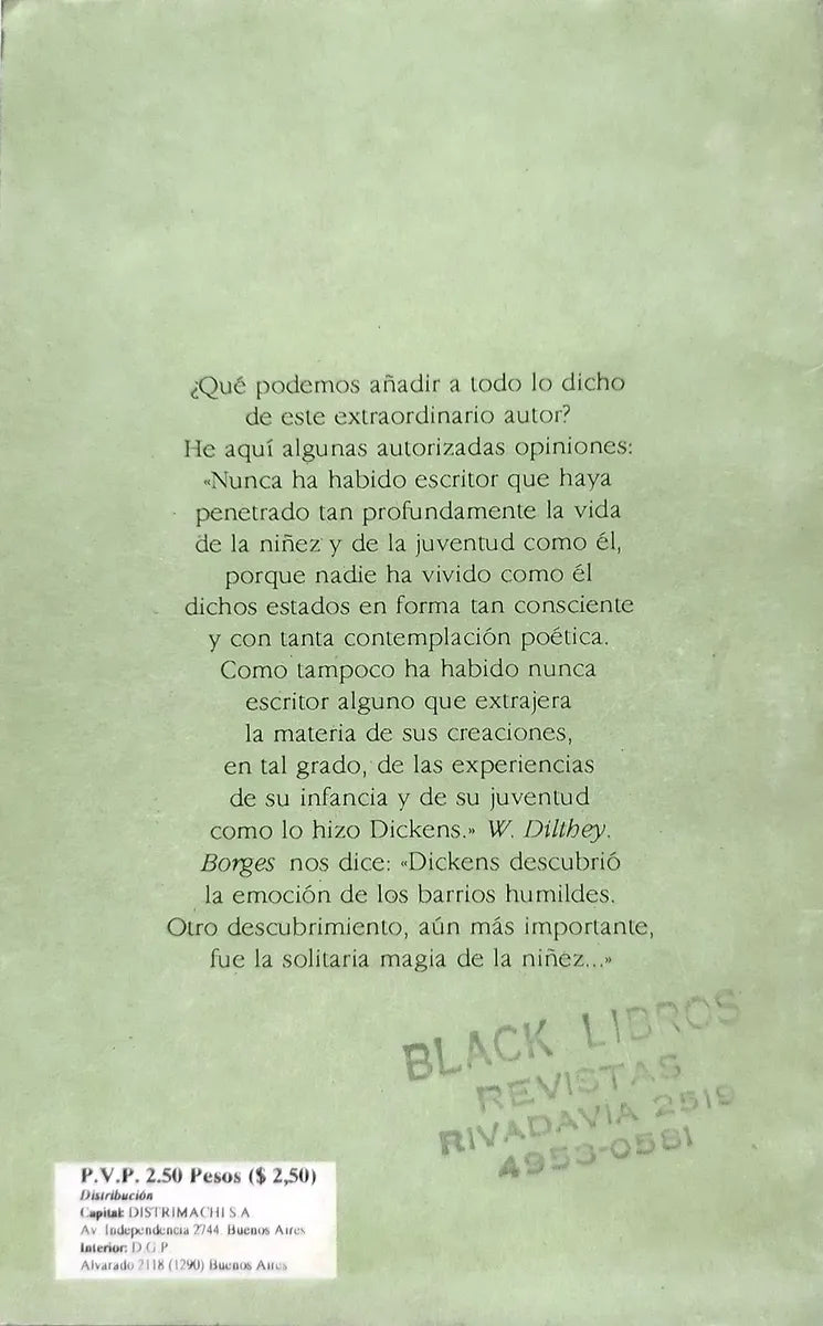 Contratapa Libro usado en venta: El grillo del hogar de Charles Dickens (Carlos Dickens); editorial Nuevo Siglo