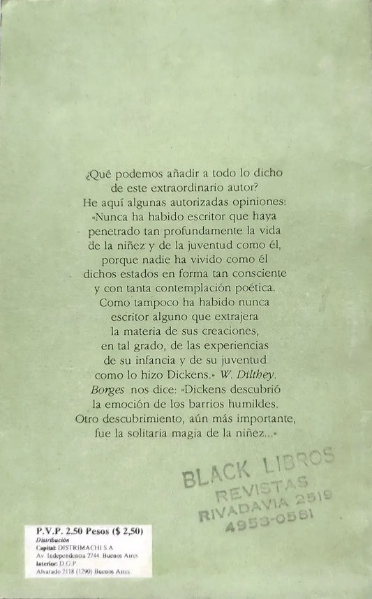 Contratapa Libro usado en venta: El grillo del hogar de Charles Dickens (Carlos Dickens); editorial Nuevo Siglo
