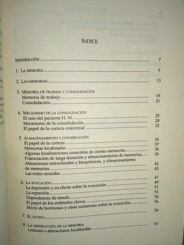 Indice Libro que es la memoria, Ivan Izquierdo Neurociencia