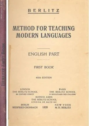 Libro usado en venta: Method for teaching modern languages - English Part - First Book de M. D. Berlitz; editorial The Berlitz School impreso en 1929.1