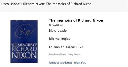 Libro usado en venta: The memoirs of Richard Nixon de Richard Nixon; editorial Grosset & Dunlap impreso en 1978 realizamos envios a todo el mundo.1