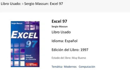 Libro usado en venta: Excel 97 de Sergio Massun; editorial Metodos impreso en 1997 realizamos envios a todo el mundo.1