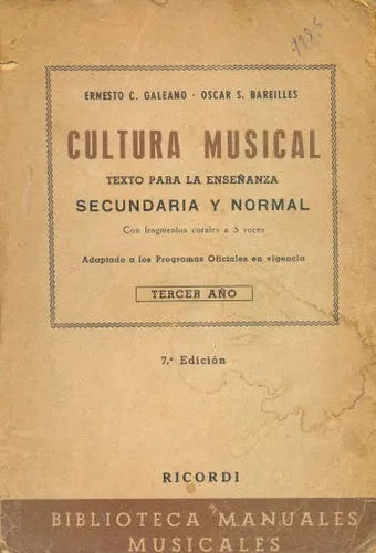 Libro usado en venta: Cultura Musical de Ernesto C. Galeano - Oscar S. Bareilles; editorial Ricordi realizamos envios a todo el mundo.1