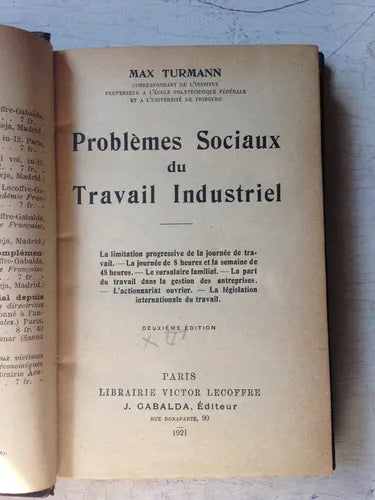 Libro usado en venta: Problemes sociaux du Travail Industriel (2 Tomos) de Max Turmann; editorial Librairie Victor Lecoffre impreso en 1921.1