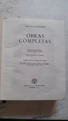 Libro usado en venta: Obras completas de William Shakespeare; editorial Aguilar impreso en 1951 realizamos envios a todo el mundo.1