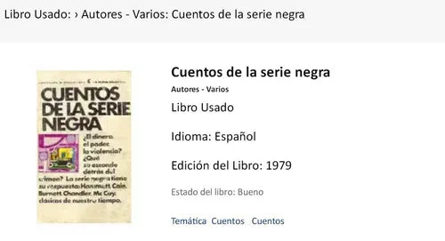 Libro usado en venta: Cuentos de la serie negra; editorial Centro Editor de America Latina impreso en 1979 realizamos envios a todo el mundo.1
