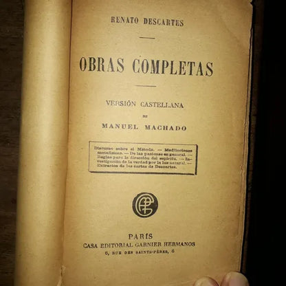 Libro usado en venta: Obras Completas de Rene Descartes; editorial Garnier Hermanos realizamos envios a todo el mundo.1