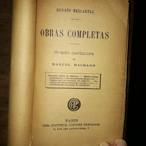 Libro usado en venta: Obras Completas de Rene Descartes; editorial Garnier Hermanos realizamos envios a todo el mundo.1