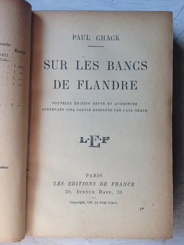 Libro usado en venta: Sur les bancs de Flandre de Paul Chack; editorial Les Editions de France impreso en 1927 realizamos envios a todo el mundo.1