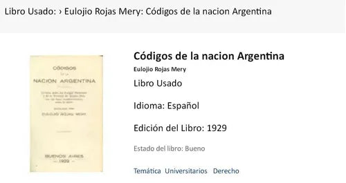 Libro usado en venta: Codigos de la nacion Argentina de Eulojio Rojas Mery; editorial Henri Proost impreso en 1929 realizamos envios a todo el mundo.1