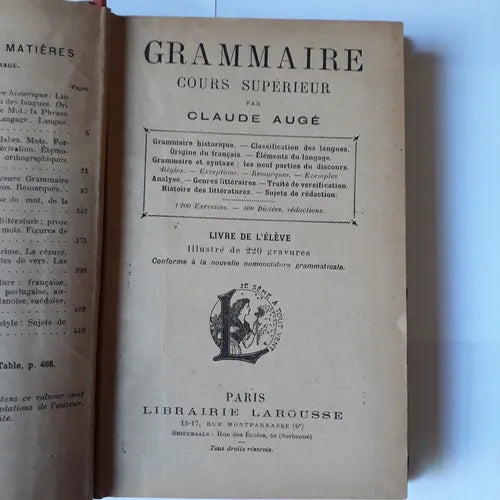 Libro usado en venta: Grammaire - Cours superieur de Claude Auge; editorial Larousse realizamos envios a todo el mundo.1