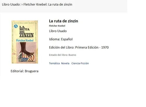 Libro usado en venta: La ruta de zinzin de Fletcher Knebel; editorial Bruguera impreso en 1970 realizamos envios a todo el mundo.1