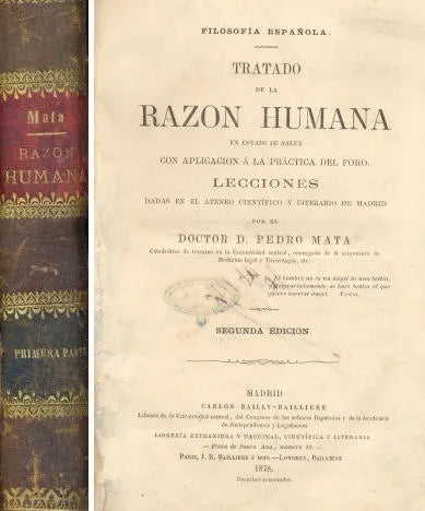 Libro usado en venta: Tratado de la Razon Humana de D. Pedro Mata; editorial Bailly-Bailliere impreso en 1878 realizamos envios a todo el mundo.1