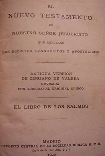 Libro usado en venta: Nuevo testamento y salmos; editorial Deposito Central de la Sociedad Biblica impreso en 1920 realizamos envios a todo el mundo.1