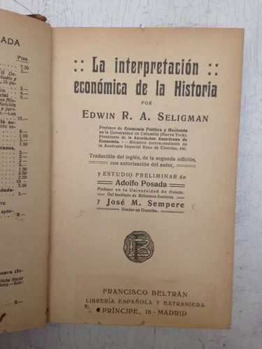 Libro usado en venta: La interpretacion economica de la historia de Edwin R. A. Seligman; editorial Francisco Beltran envios a todo el mundo.1